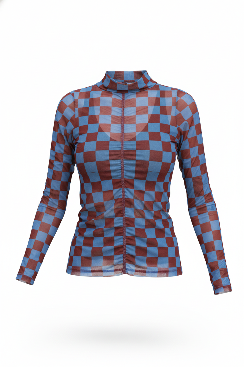 SkinPlay – Top mesh cuadros azul con vino tinto