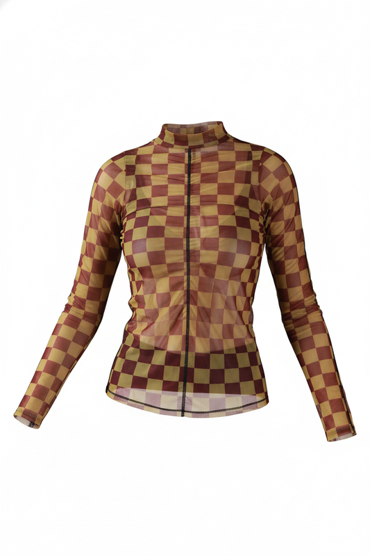 SkinPlay – Top mesh cuadros mostaza con vino tinto