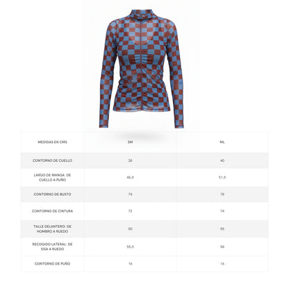 SkinPlay – Top mesh cuadros azul con vino tinto