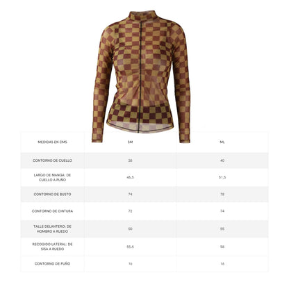SkinPlay – Top mesh cuadros mostaza con vino tinto
