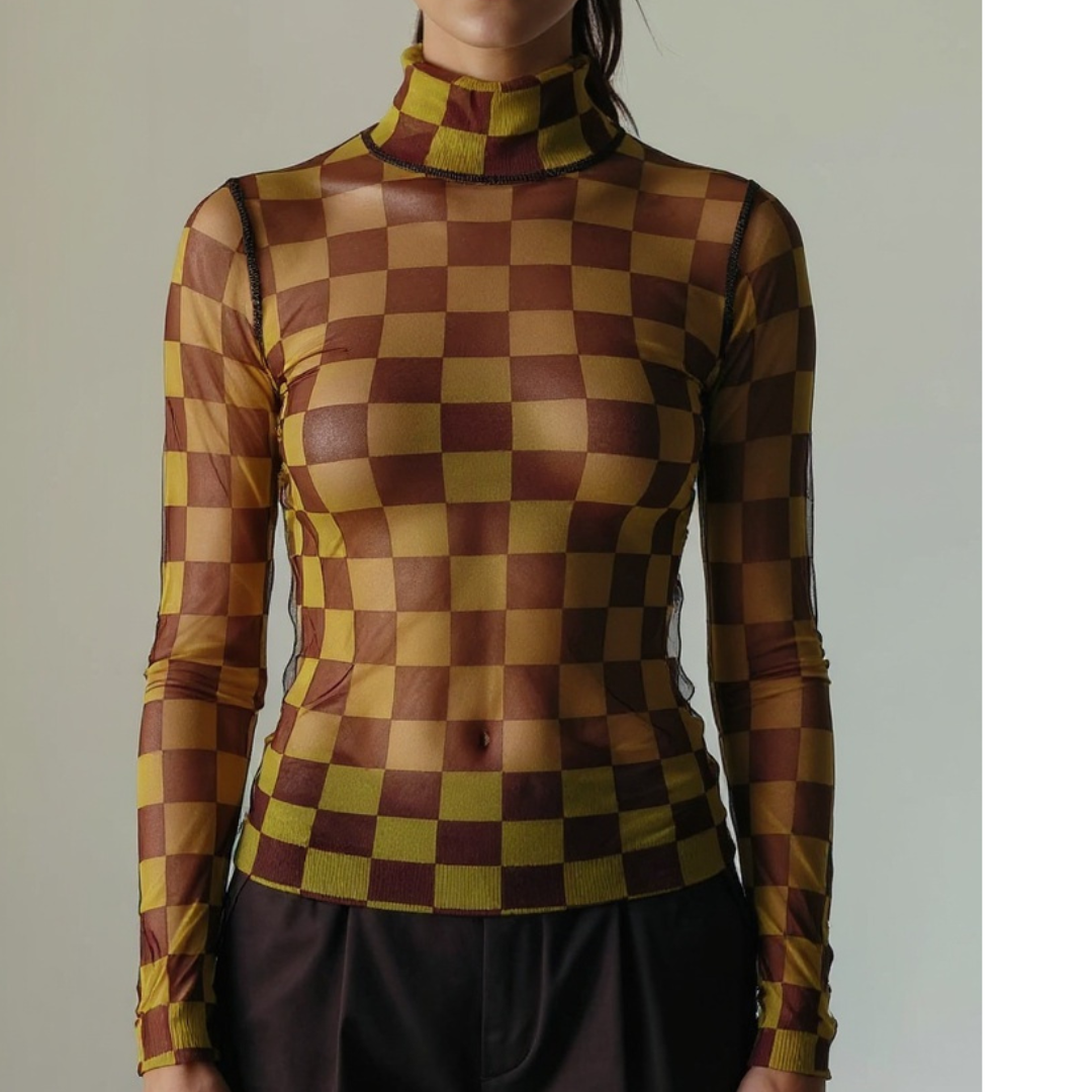 SkinPlay – Top mesh cuadros mostaza con vino tinto
