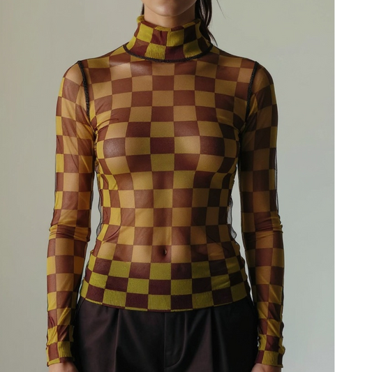 SkinPlay – Top mesh cuadros mostaza con vino tinto