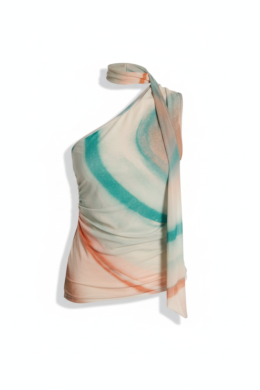 🔥 AIRE DE FUEGO — Top asimétrico en mesh teñido a mano